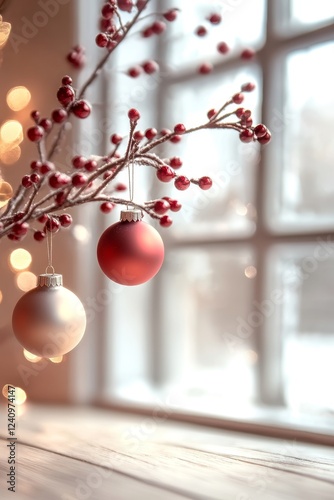 Christmas Decorations Tree Branches, Red Ornaments, Fairy Lights, and a Rustic Wood Surface.