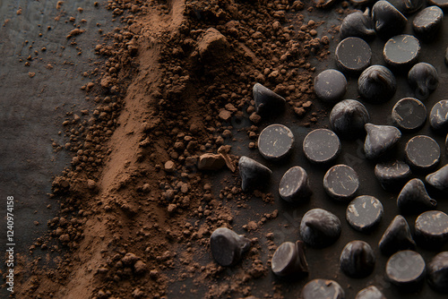 A close-up of chocolate and cocoa powder on the table, with some pieces scattered around. The background is blurred to highlight the details