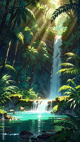 Beautiful tropical waterfall in lush green forest with clear water phone wallpaper - Generative AI