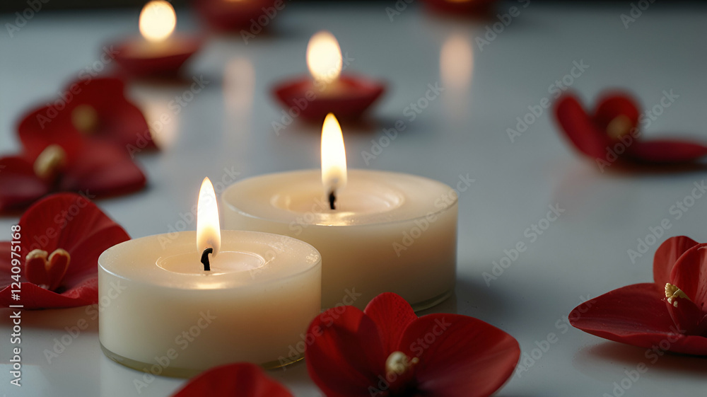 red candle and red rose petals red candle and red rose petals