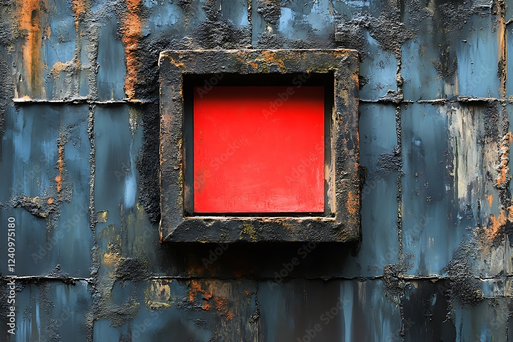 Red Panel in a Rusted Metal Frame