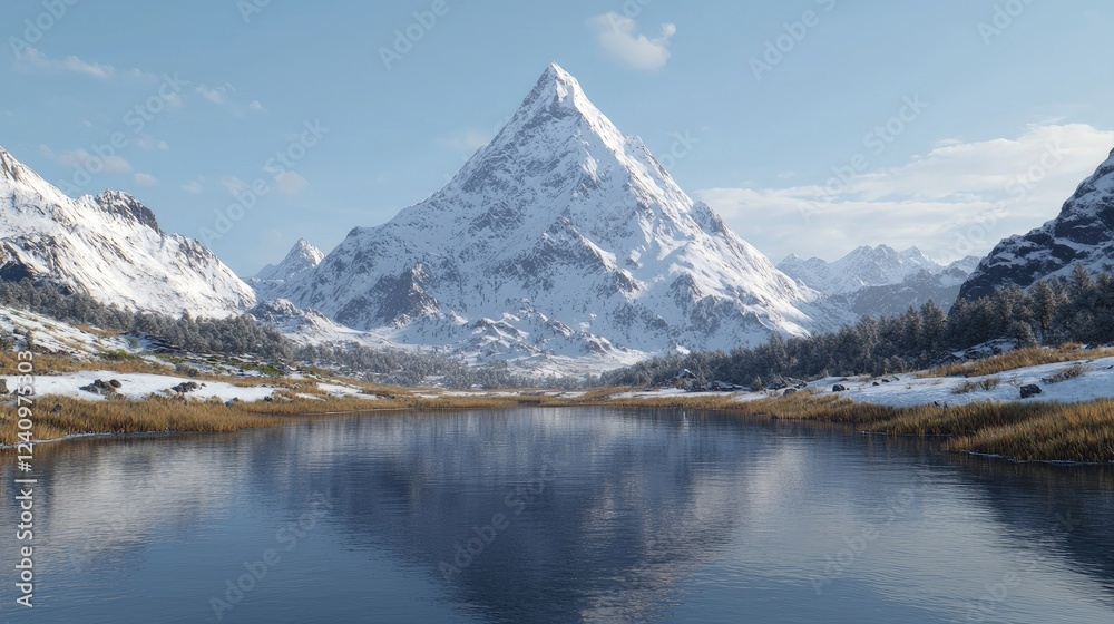 Snow-capped peak reflected in serene mountain lake Snow-capped peak reflected in serene mountain lake