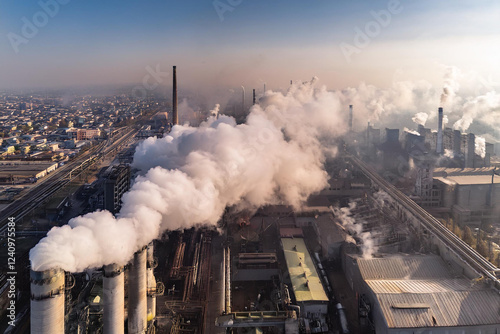 Industrial city pollution. Royalty high-quality free best stock of sprawling industrial city skyline at sunset, showcasing smokestacks emitting thick clouds of smoke against blue sky photo