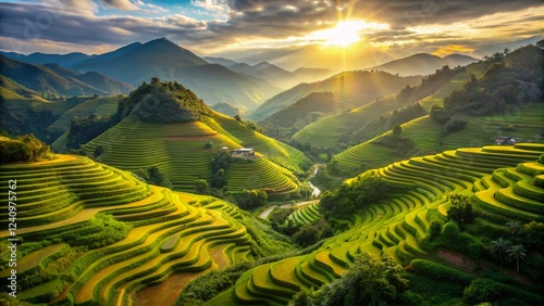 Aerial View of Lush Green Rice Paddies Terraced on Mountain Slopes