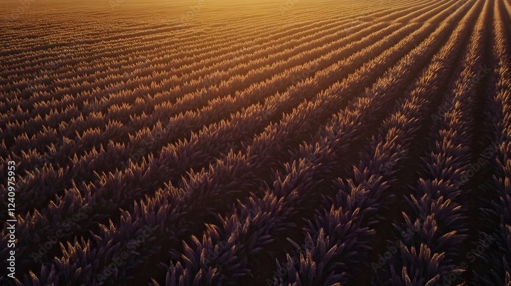 Fototapeta premium A field of golden wheat swaying in the breeze at sunset, with purple accents, creating an enchanting and rustic atmosphere