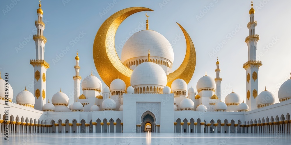 Fototapeta premium Majestic white mosque with golden crescent moons set against a clear sky in an enchanting architectural wonder