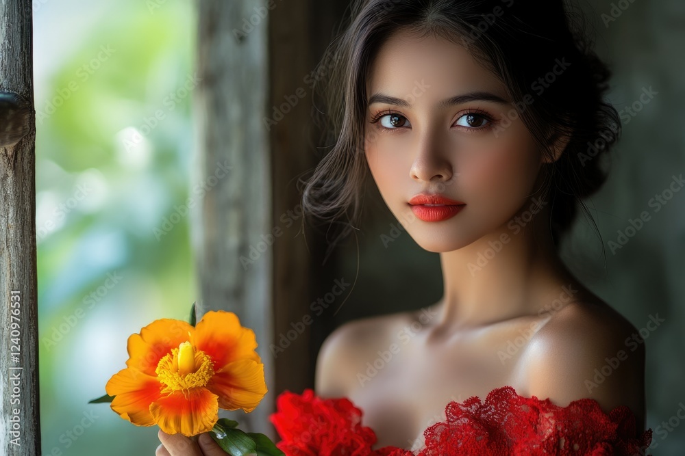 Naklejka premium Beautiful woman with dark hair and red dress holding an orange flower, near a window.