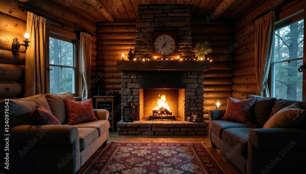 Fototapeta premium A crackling fireplace warms a cozy cabin space, gentle flicker, peaceful