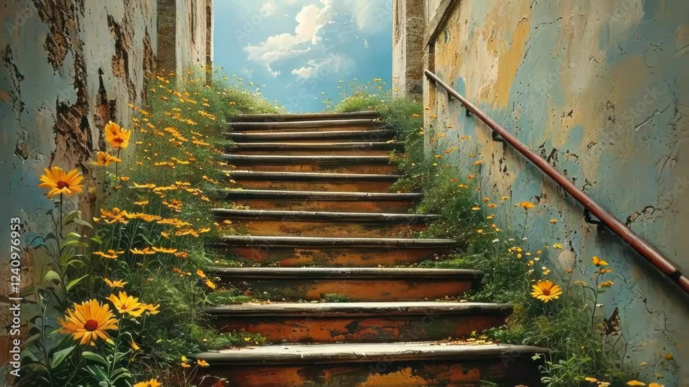 A vibrant staircase adorned with blooming flowers under a bright sky.