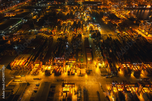Canvas Print Aerial view of Yantian international container terminal at night in Shenzhen cit