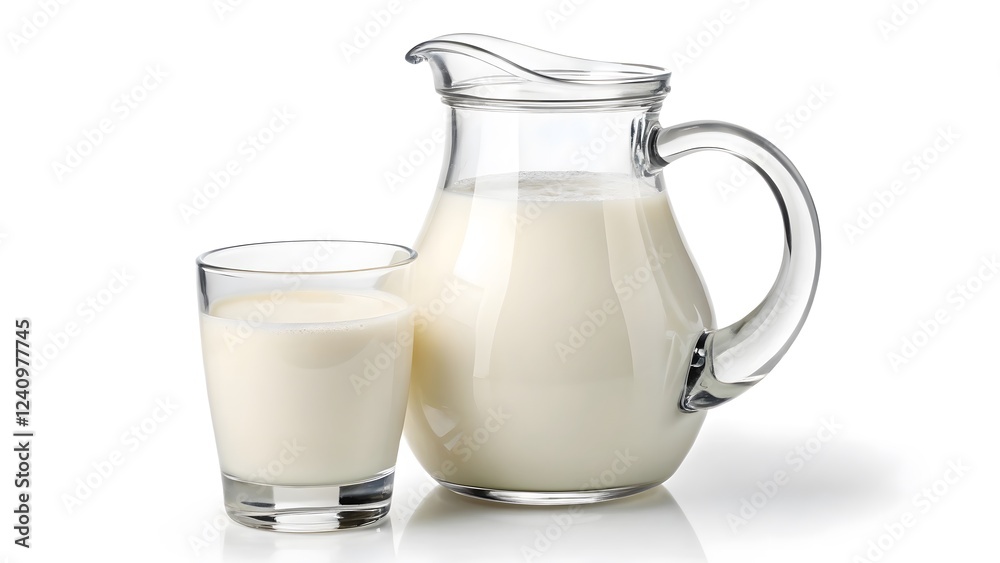 Clear Glass Pitcher & Filled Glass of Milk on White Background V2 Clear Glass Pitcher & Filled Glass of Milk on White Background V2