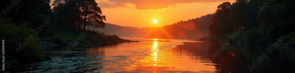 Obraz premium Golden hues of sunset cast ripples on the river's surface, forest, water, sunset