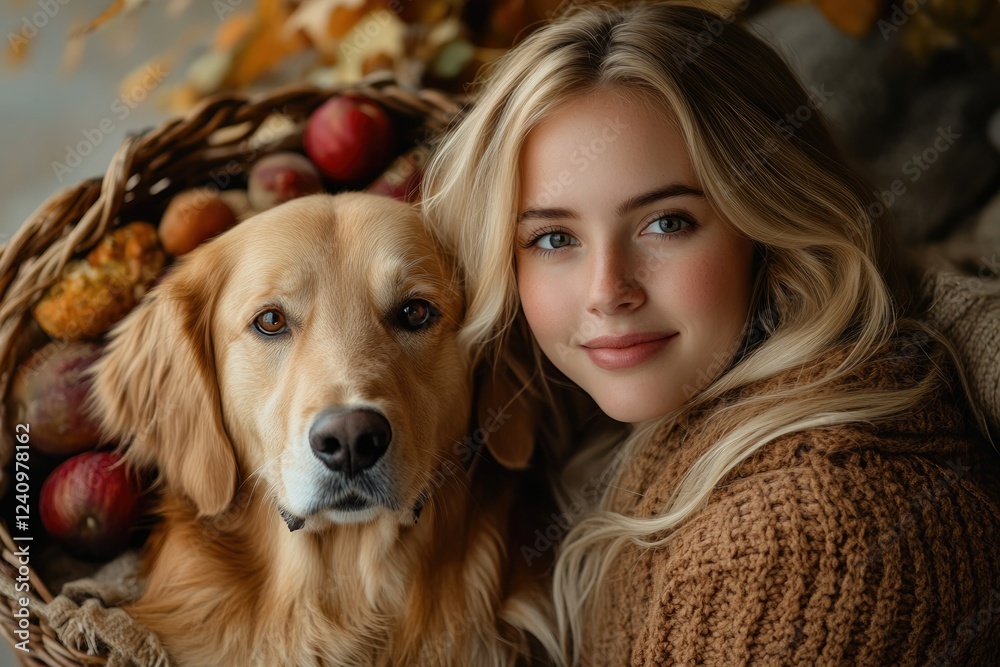 A blonde woman cuddles her Golden Retriever beside a basket of autumnal fruits. A blonde woman cuddles her Golden Retriever beside a basket of autumnal fruits.