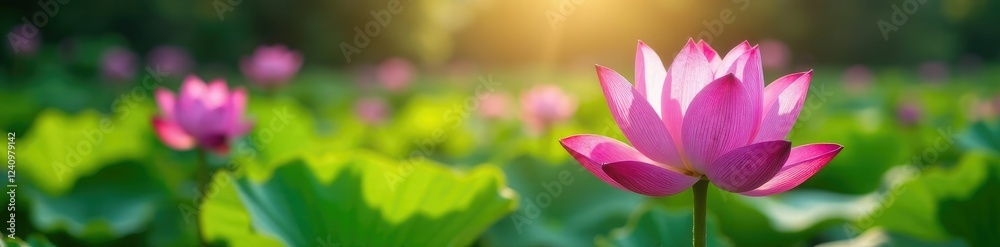 Purple lotus blooms in sunlight amidst greenery, lotus, background Purple lotus blooms in sunlight amidst greenery, lotus, background