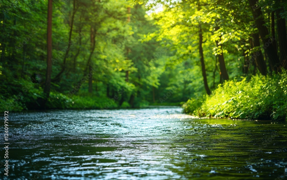 A peaceful river flows through a lush green forest, illuminated by soft sunlight filtering through the leaves. A peaceful river flows through a lush green forest, illuminated by soft sunlight filtering through the leaves.