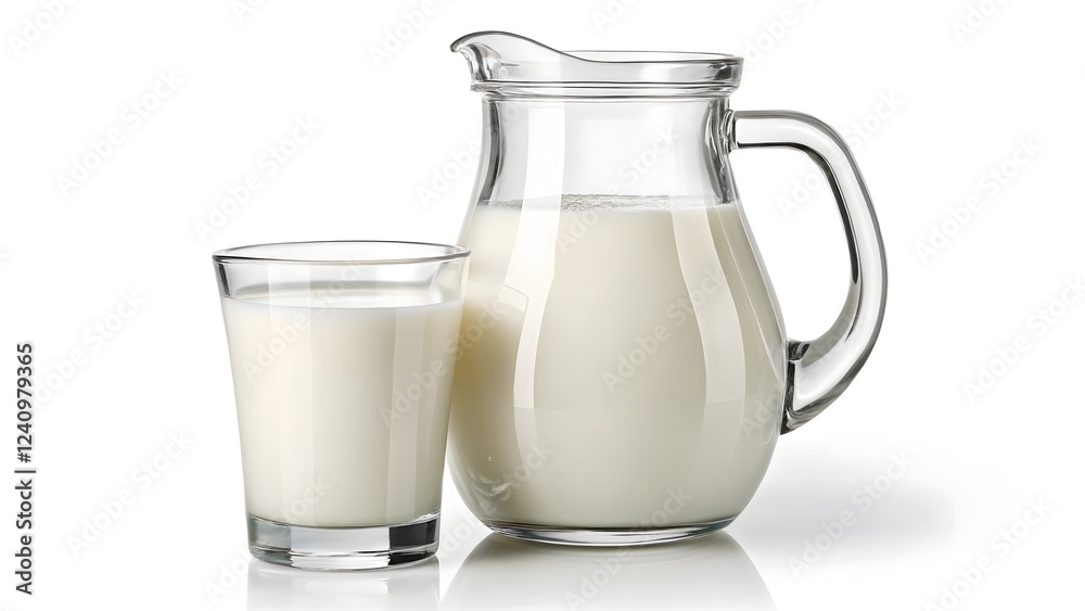 Clear Glass Pitcher & Filled Glass of Milk on White Background V5 Clear Glass Pitcher & Filled Glass of Milk on White Background V5