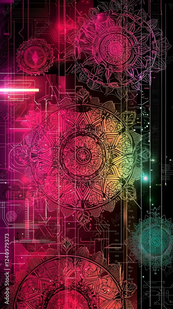 Obraz premium Vibrant abstract design with circular patterns and bright colors against a dark background.