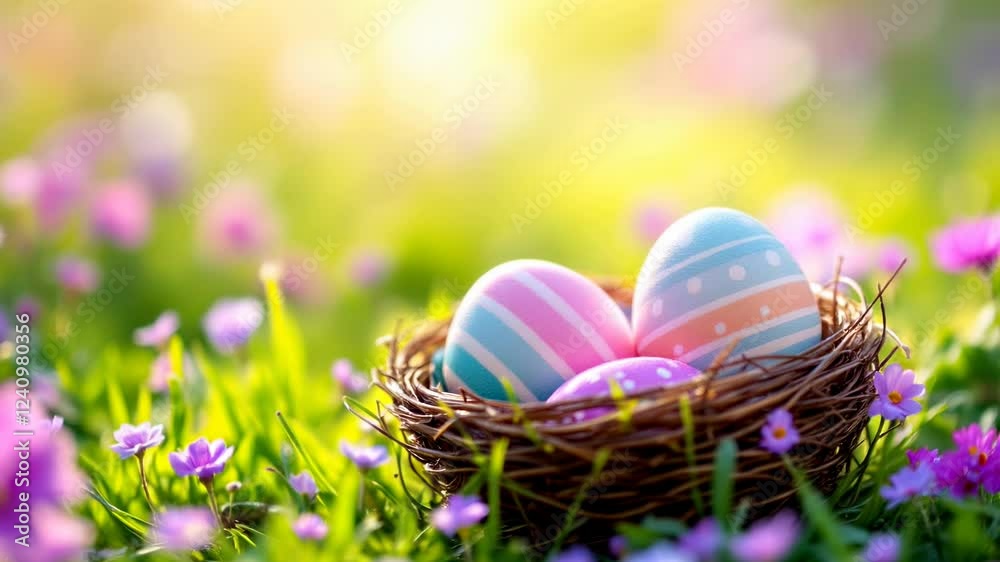 Colorful Easter eggs in natural bird nest surrounded by spring flowers and green grass. Holiday decoration outdoors. Festive springtime scene with soft sunlight and purple blooms with copy space Colorful Easter eggs in natural bird nest surrounded by spring flowers and green grass. Holiday decoration outdoors. Festive springtime scene with soft sunlight and purple blooms with copy space