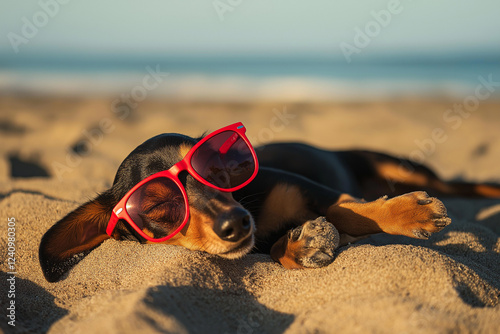 A dachshund puppy wearing red sunglasses is lying on the beach and enjoying its summer vacation. photo
