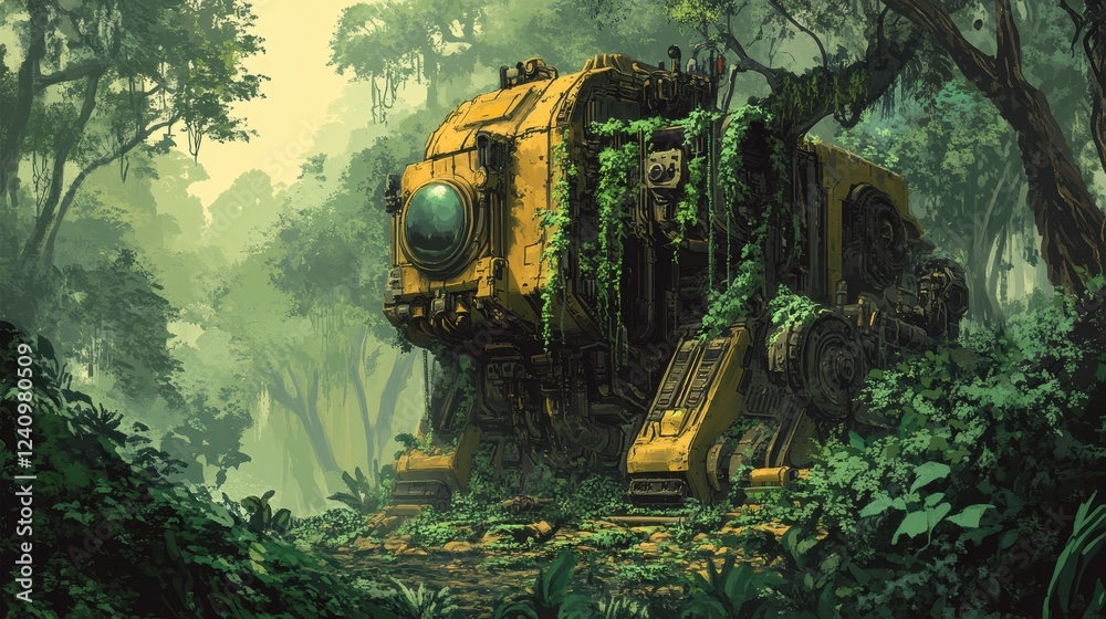 Overgrown Robotic Machine in Lush Jungle Setting Overgrown Robotic Machine in Lush Jungle Setting