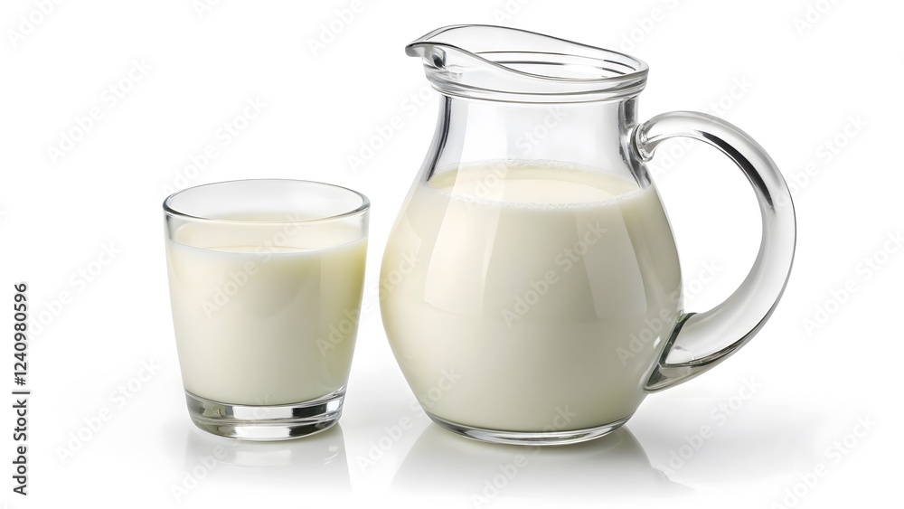 Clear Glass Pitcher & Filled Glass of Milk on White Background V6 Clear Glass Pitcher & Filled Glass of Milk on White Background V6