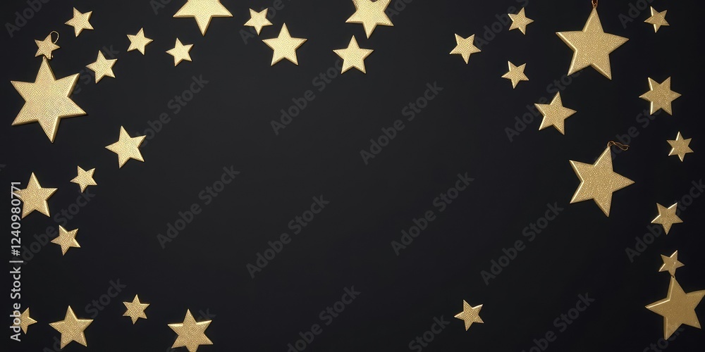 Star-shaped ornaments scattered on a dark backdrop, celestial theme, luminous highlights, twinkling lights Star-shaped ornaments scattered on a dark backdrop, celestial theme, luminous highlights, twinkling lights