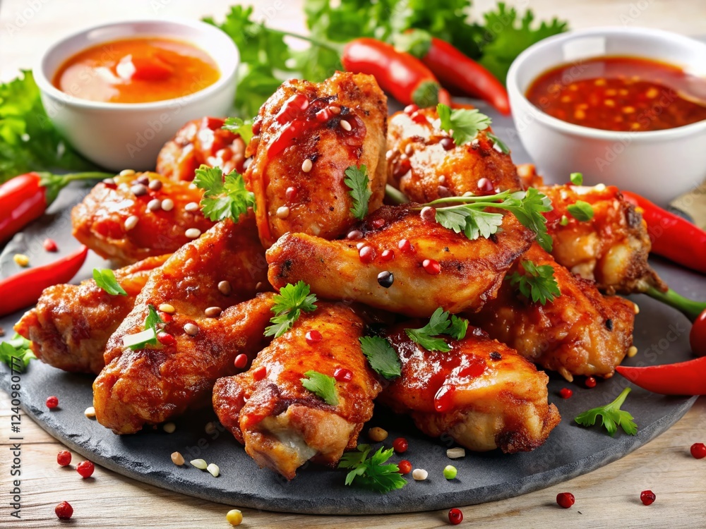Air Fryer Chicken Wings: Hot Chilli Glaze & Dipping Sauces - Top View Stock Photo Air Fryer Chicken Wings: Hot Chilli Glaze & Dipping Sauces - Top View Stock Photo