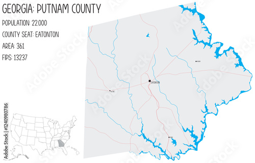 Large and detailed map of Putnam County in Georgia, USA.
