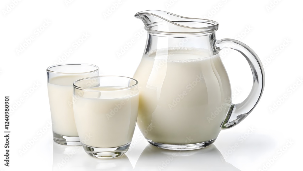 Clear Glass Pitcher & Filled Glass of Milk on White Background V7 Clear Glass Pitcher & Filled Glass of Milk on White Background V7