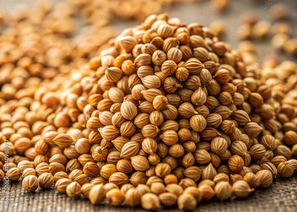 Close-up of Coriander Seeds Pile, Scattered Spreads, Aromatic Spice, Culinary Herb, Food Photography Close-up of Coriander Seeds Pile, Scattered Spreads, Aromatic Spice, Culinary Herb, Food Photography