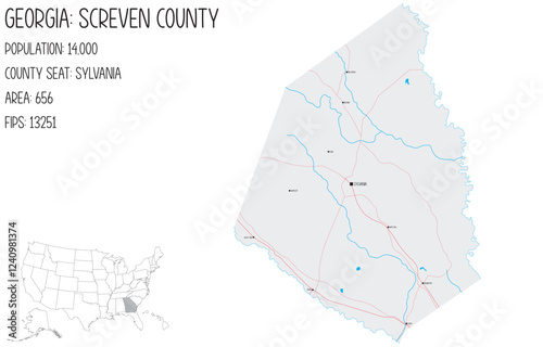 Large and detailed map of Screven County in Georgia, USA.