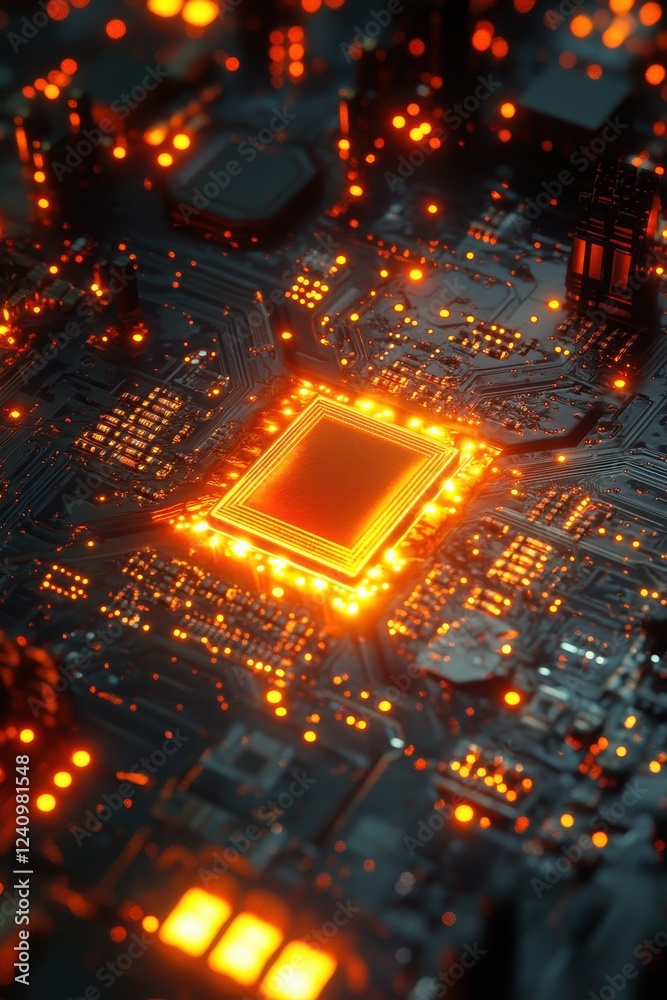 Glowing Circuit Board with Central Microchip Illuminated by Orange Lights in a Futuristic Technology Setting Glowing Circuit Board with Central Microchip Illuminated by Orange Lights in a Futuristic Technology Setting