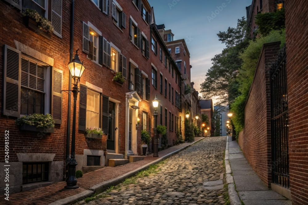 Fototapeta premium Street view of Beacon Hill neighborhood in Boston at dusk, street lamps, brick buildings, evening light, architecture, old town