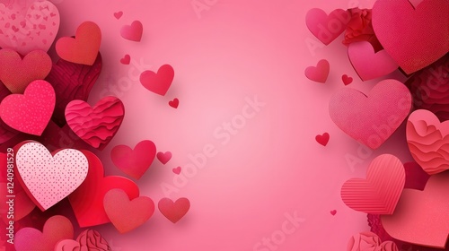 Valentine's Day card with hearts paper cut style on a pink background.