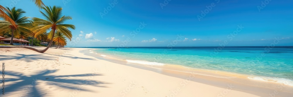 Warm sandy beach with palm trees and clear blue ocean waters on a sunny day, warm, clear, palm Warm sandy beach with palm trees and clear blue ocean waters on a sunny day, warm, clear, palm