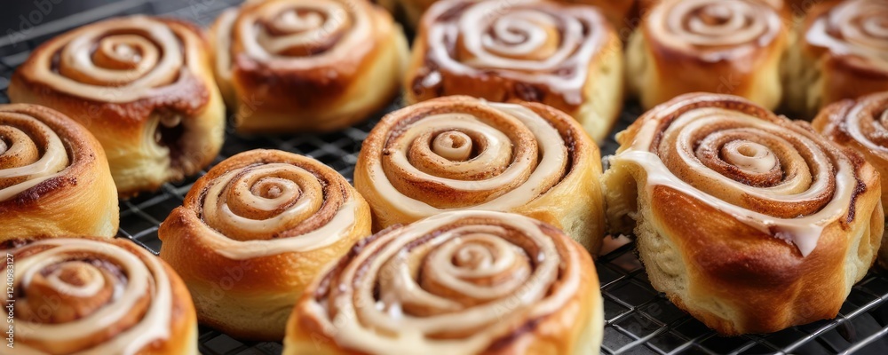 Warm gooey centers of baked cinnamon rolls on a wire rack with sweet glaze, warm, sweet glaze Warm gooey centers of baked cinnamon rolls on a wire rack with sweet glaze, warm, sweet glaze