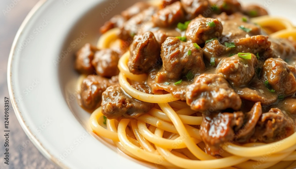 a close-up of a plate of beef stroganoff with egg noodles a close-up of a plate of beef stroganoff with egg noodles
