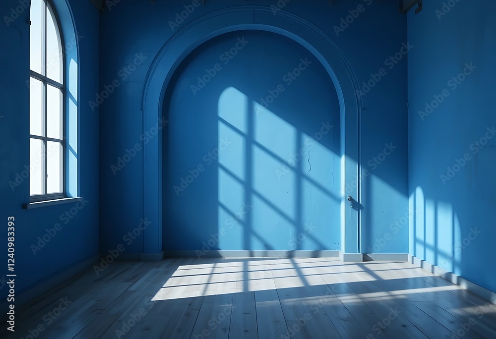 Obraz premium Sunlit Blue Room With Archway And Wooden Floor