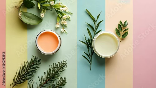 Row of colorful tubes of lotion and a few leaves. The tubes are in different colors and are arranged in a row. The leaves are scattered around the tubes, adding a natural touch to the scene