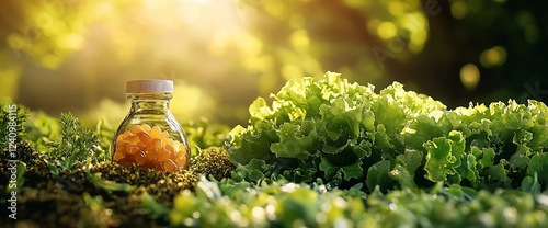 Vitamins in glass jar, lettuce garden, sunlight. Healthy lifestyle image