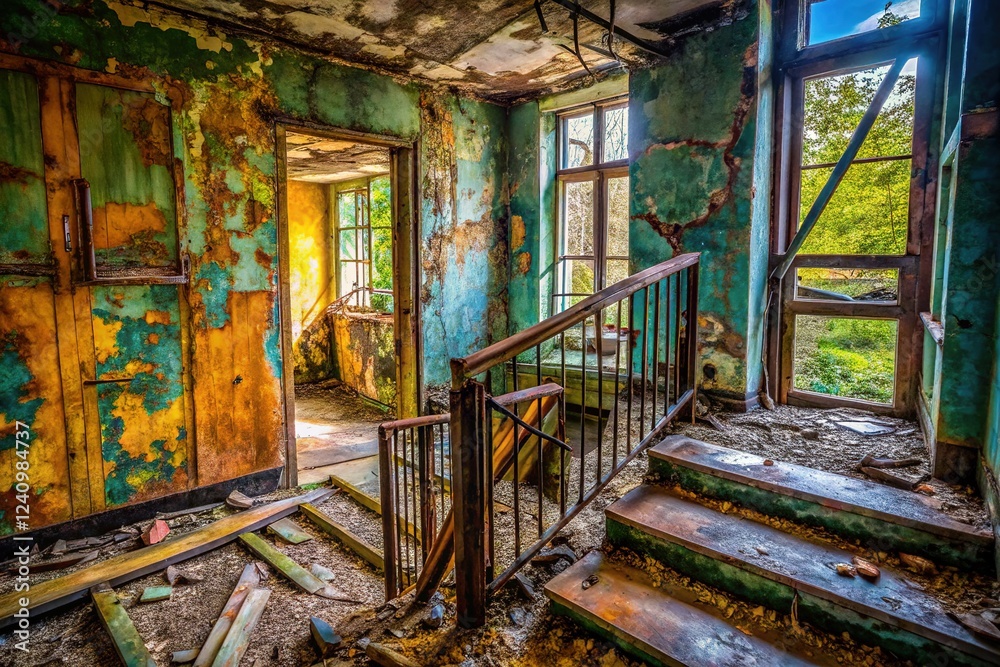 Fototapeta premium Ghostly fire escape, Chernobyl kindergarten, a forgotten exit.