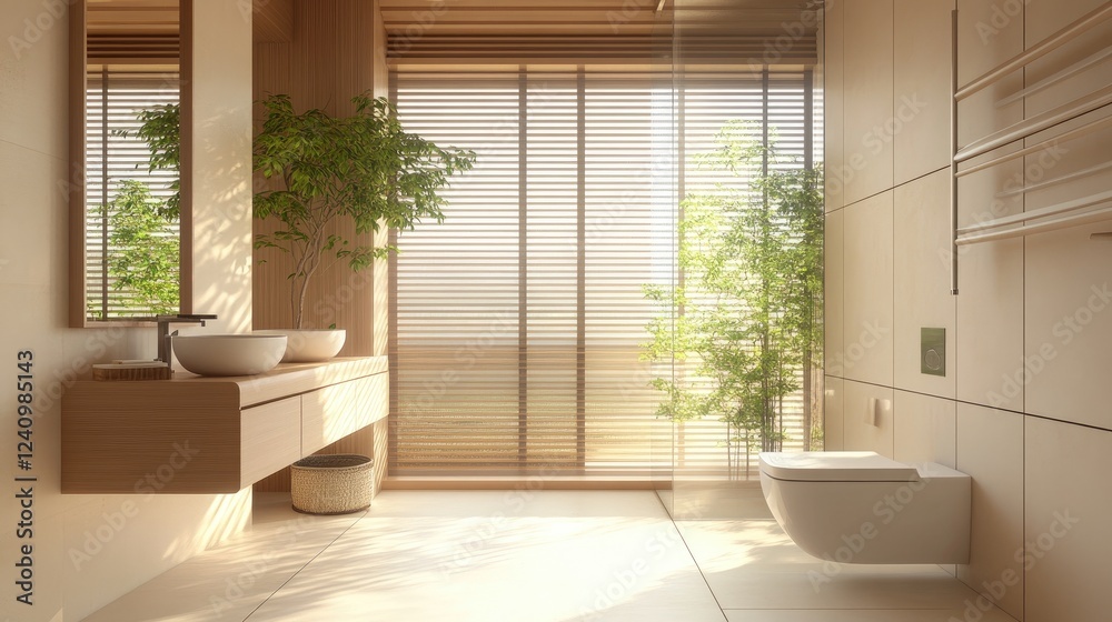 Fototapeta premium Modern white bathroom with a Zen-inspired Japanese toilet, clean lines, and calming neutral tones