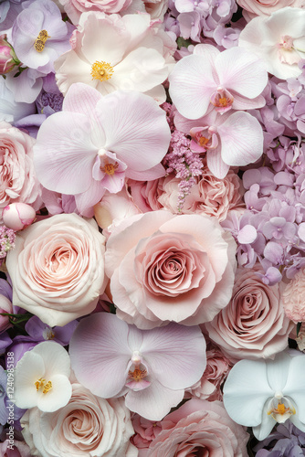 Elegant florist arrangement showcasing delicate pink and purple flowers in a vibrant bouquet surrounded by lush greenery
