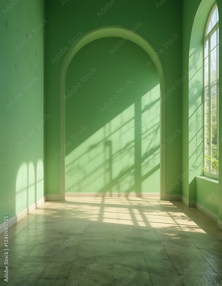 Fototapeta premium Sunlit Green Room With Archway And Window
