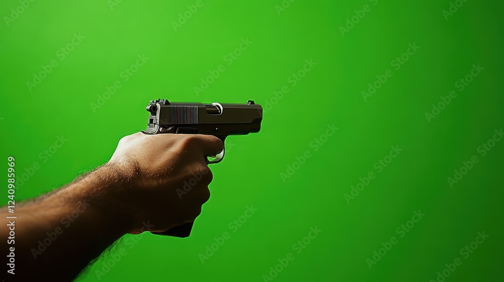 Hand Holding a Gun Against Green Background Hand Holding a Gun Against Green Background