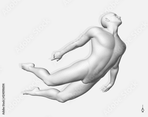 Flying man in zero gravity or a fall. Levitation act. Hovering in the air. Take me higher. Astral travel out of body or reincarnation spiritual concept. Psychic mind power of meditation. 3D art.