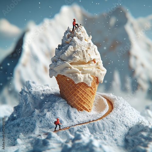 Miniature skiers riding down a giant ice cream cone in a snowy landscape