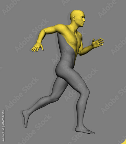 Running man or marathon runner. 3D model of the human body in dotted line style and divided by colour into two parts. Design for sports. Vector for cover, card, banner, poster, brochure, presentation.
