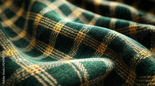 Green and Gold Plaid Fabric Texture Close Up
