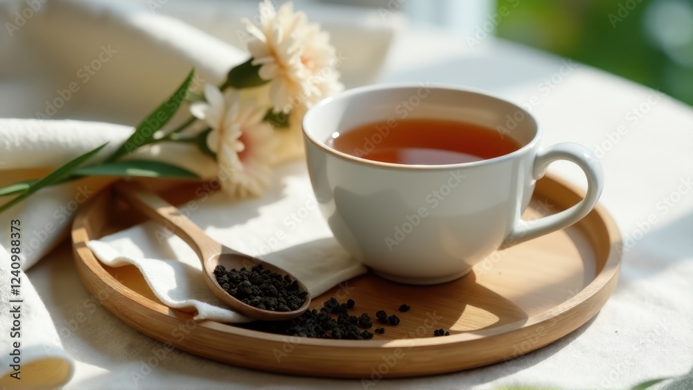 depicts a cozy scene centered around tea time. At the focal point is a white cup filled with a warm beverage, likely tea, placed on a wooden tray. depicts a cozy scene centered around tea time. At the focal point is a white cup filled with a warm beverage, likely tea, placed on a wooden tray.